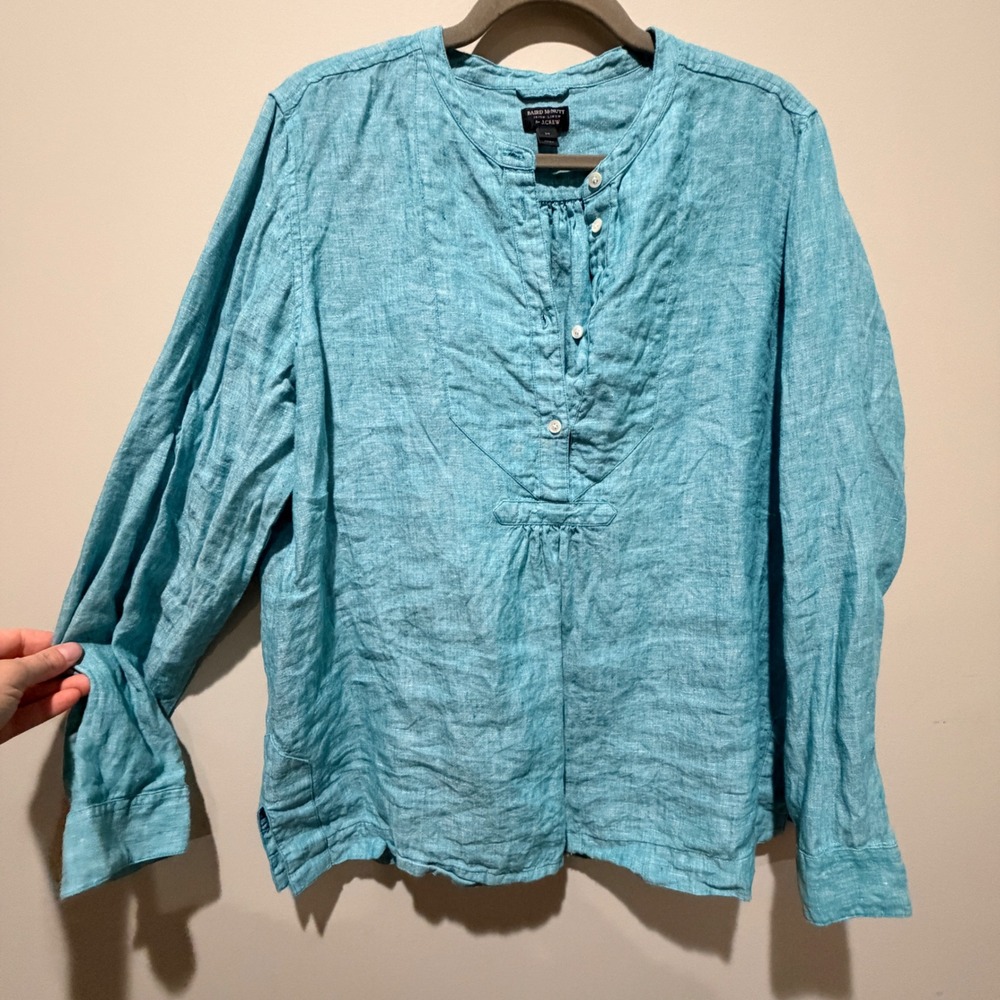 J Crew Baird McNutt Irish Linen Blouse Women 14 Blue Long Sleeve Minimalist